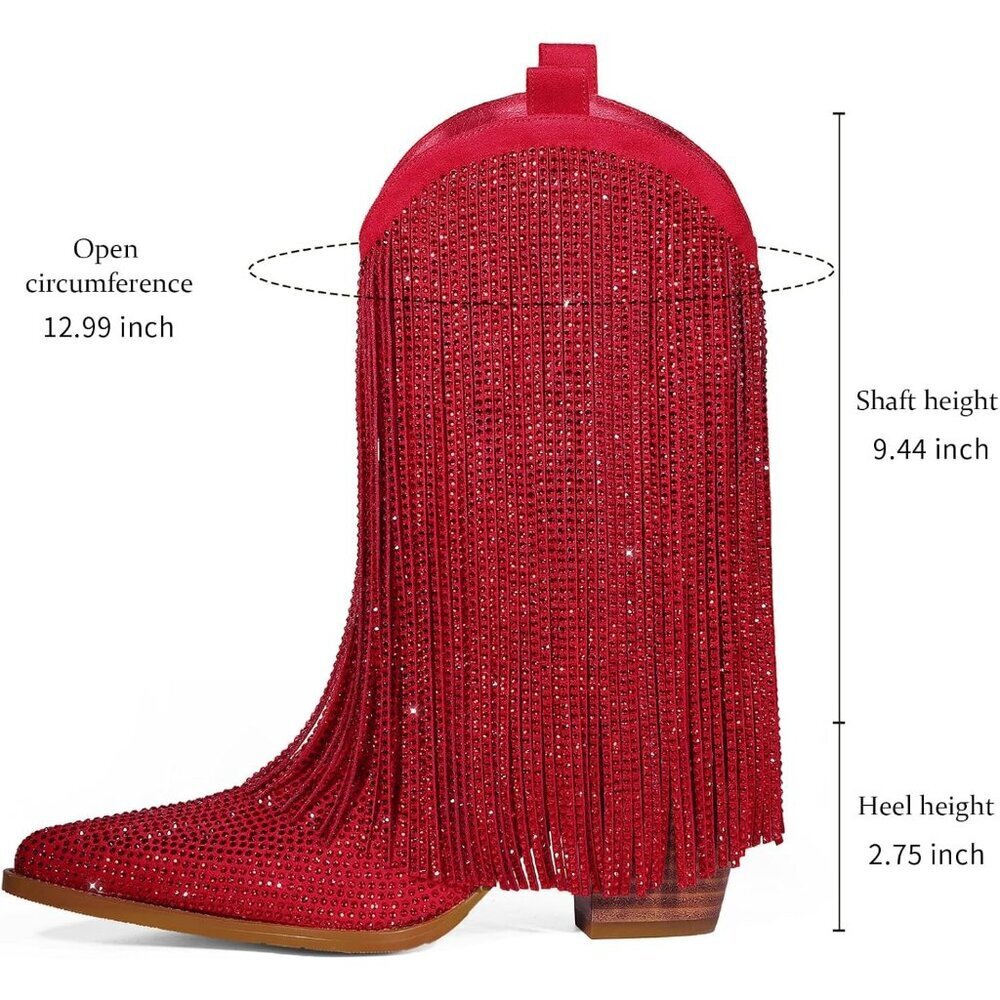 Women's Red Rhinestone Sparkly Fringe Chunky Heel Pointed Toe Ankle Boots - Picture 6 of 7